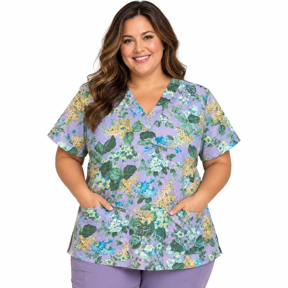 Tunic Blouse Womens Plus 2X Purple Floral V Neck Short Sleeve Pockets Scrub Top